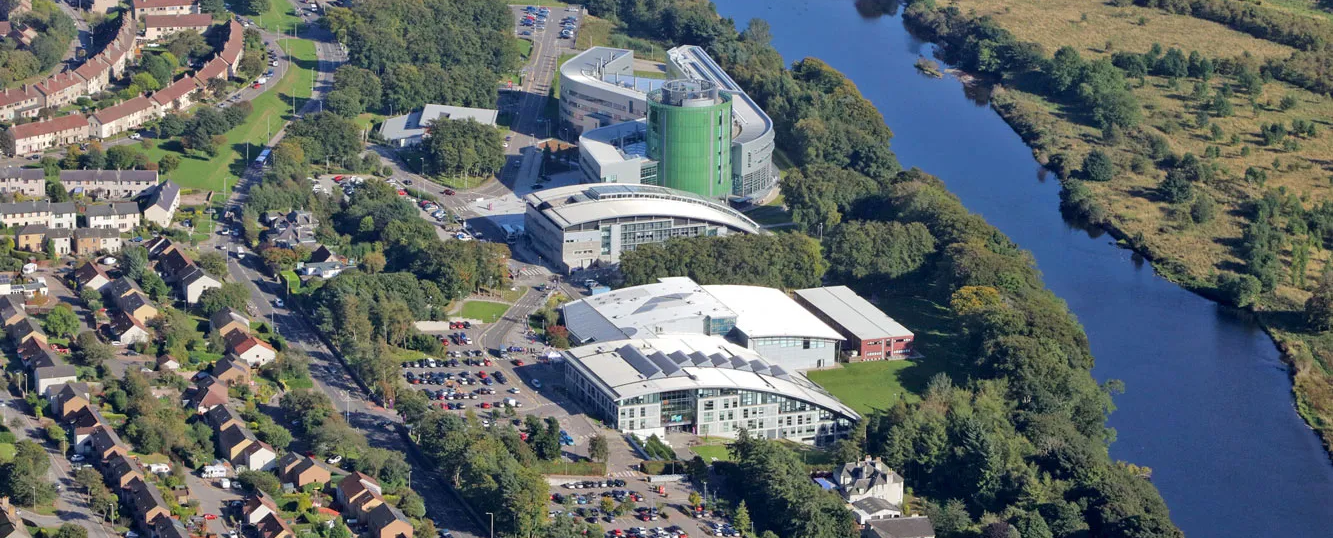 Aerial view of Robert Gordon University's Garthdee campus beside the River Dee