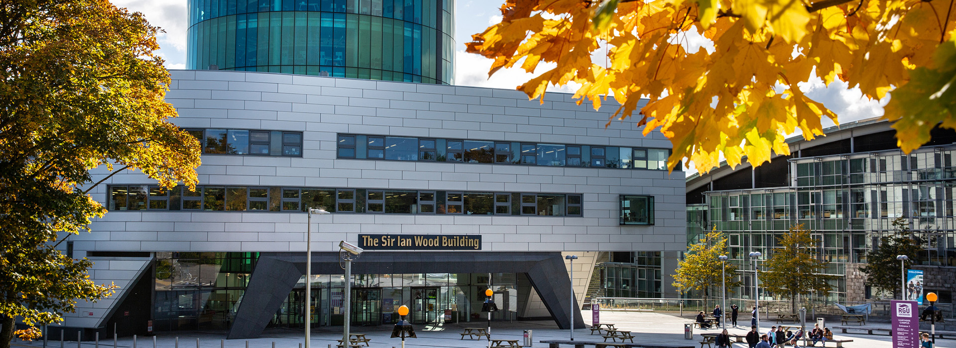 The Sir Ian Wood Building at Robert Gordon University in autumn